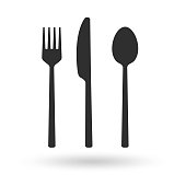 Fork, spoon, knife icon. Cutlery set. Modern silverware or tableware black silhouette. Vector illustration.