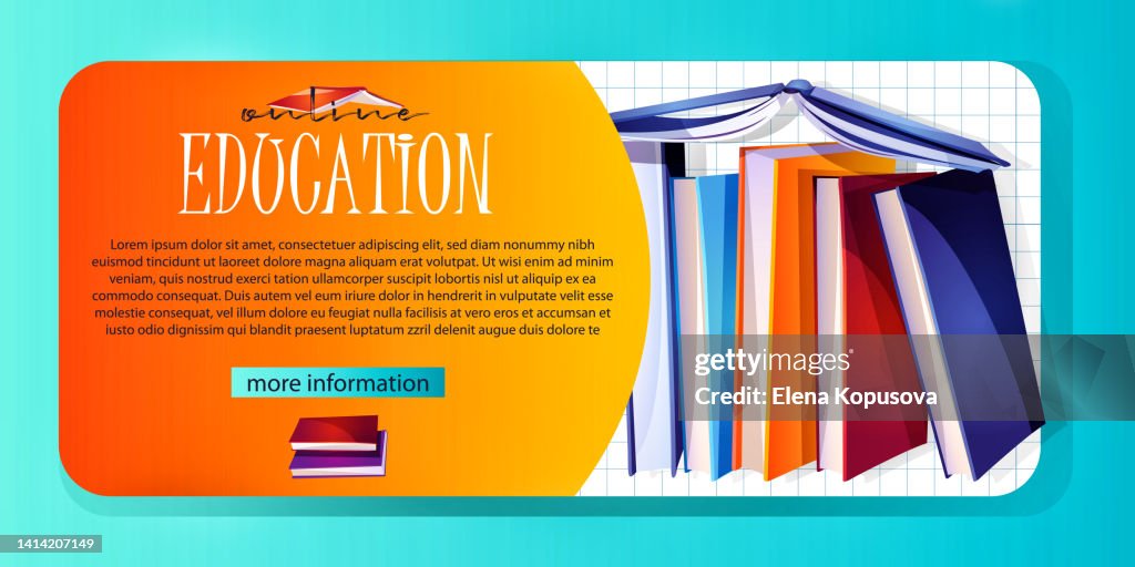 Online learning concept in cartoon style. Web template with college books and textbooks on a colored background with space for text. Stylish illustration for online order, web page, app design.
