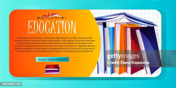 online learning concept in cartoon style. web template with college books and textbooks on a colored background with space for text. stylish illustration for online order, web page, app design. - house of cards stock illustrations