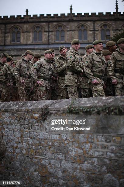 Soldiers from 3rd Battalion the Yorkshire Regiment leave The Minster Church of St Denys after a service on March 16, 2012 in Warminster, England. The...