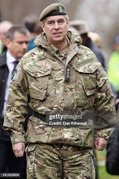 Prince Andrew, Duke of York leaves The Minster Church of St Denys after attending a service on March 16, 2012 in Warminster, England. The regiment...