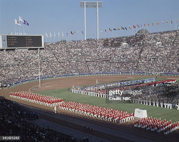 Summer Olympics -- Pictured: Crowd during the opening ceremony of the 1964 Summer Olympics at Olympic Stadium in Kasumigaoka Shinjuku, Tokyo, Japan...