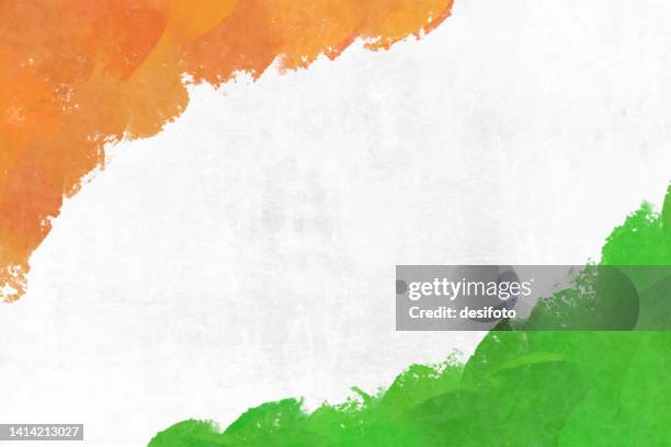 horizontal backgrounds of tricolor bands, in bright smudged blotched orange or saffron, white and green colors as in national flag of india, faded like spray painting or brush strokes or smudges at the corners - india flag stock illustrations