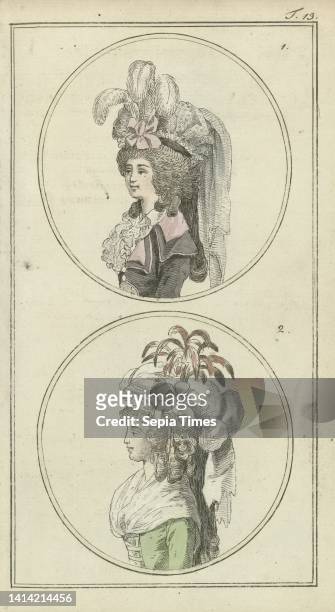 Journal des Luxus und der Moden 1788, Band III, T.13, Two female busts in circles. Print from the fashion journal Journal des Luxus und der Moden,...