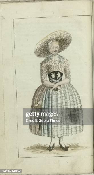 Cabinet of fashion and taste 1791, pl. II: The Southbevelandsche Boerin, Farmer's wife from South-Beveland, dressed in a summer Sunday costume. Hat...