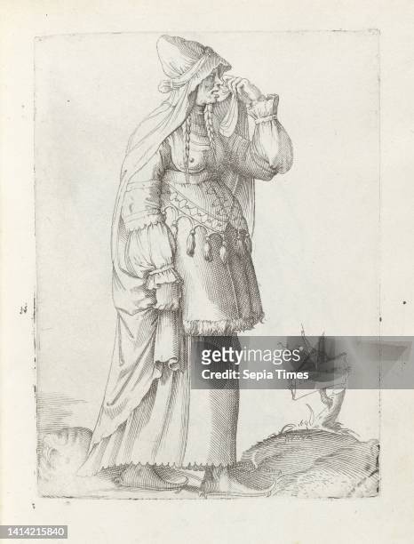 Tartara m , Tartar woman, ca. 1550, Diversarum gentium nostrae aetatis habitus , Tartar woman, walking to the right, slip of veil in left hand. Print...