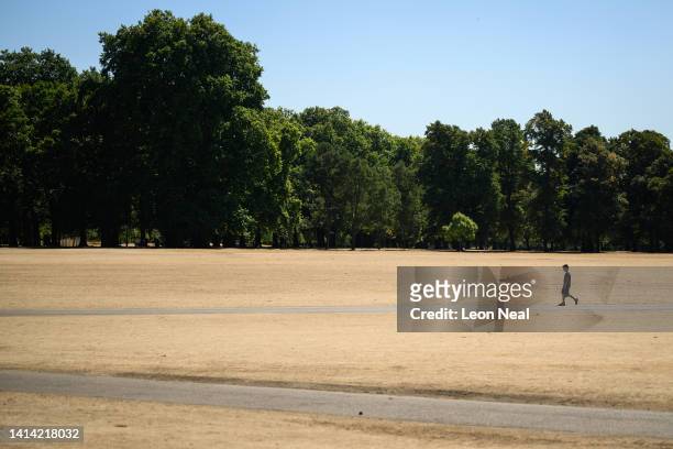 Boy walks across a sun-bleached area of Hyde Park on August 11, 2022 in London, England. The Met Office, the UK's weather service, issued an amber...