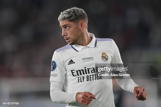 Federico Valverde of Real Madrid reacts during the UEFA Super Cup Final 2022 between Real Madrid CF and Eintracht Frankfurt at Helsinki Olympic...