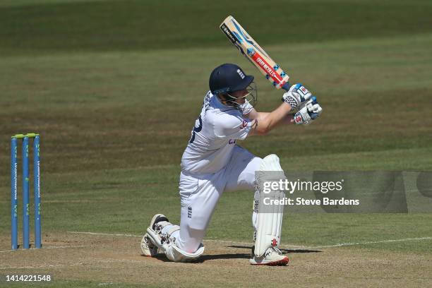 Harry Brook of England Lions hits a six during day three of the tour match between England Lions and South Africa at The Spitfire Ground at The...