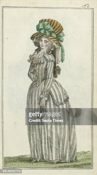 Journal des Luxus und der Moden 1788, Band III, T.8, Woman from Paris wearing an English Morning Hat with green ribbon and large bow. Dressed in a...