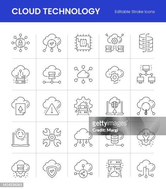 bearbeitbare konturliniensymbole der cloud-technologie - datenbank icon stock-grafiken, -clipart, -cartoons und -symbole