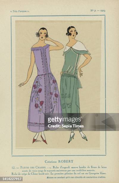 Très Parisien No 7: 12.- FLEURS DES CHAMPS. - 1. Robe d´organdi..., Designs of Robert. 1. Dress of purple organdi, embroidered with flowers in wool,...