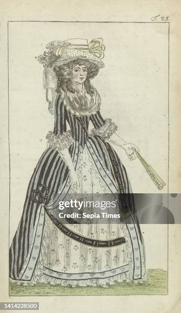 Journal des Luxus und der Moden 1788, Band III, T.25, Parisian lady in grande parure. On the head a 'Toque à la Turque' of white taffeta, under which...