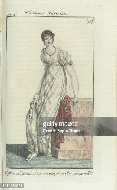 Journal des Dames et des Modes, Frankfurt edition 16 octobre 1808, Costume Parisien : Coeffure en Cheveux Lisses, ornée de fleurs. Robe parée en...