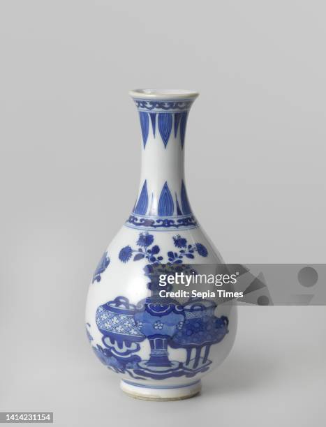 Pear-shaped bottle vase with auspicious symbols and petal borders, Bottle-shaped vase of porcelain with a pear-shaped body and upwardly flared neck,...
