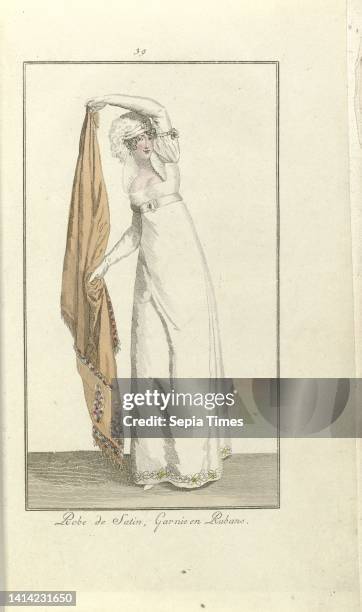 Elegantia, or magazine of fashion, luxury and taste for ladies, March 1808, No. 39: Robe de Satin, Garnie and Rubans, According to the accompanying...