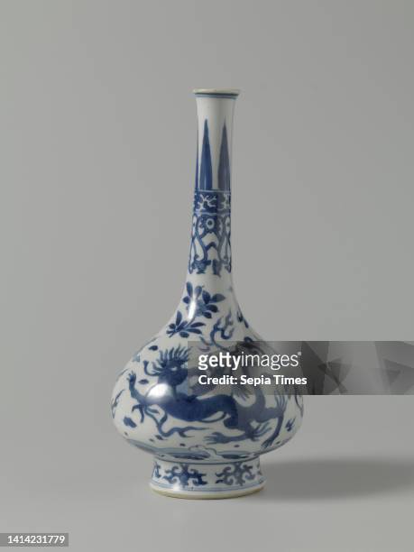 Vase, Bottle vase with two monsters of lions above waves among flames and clouds, Bottle vase of porcelain with printed pear-shaped body, high,...