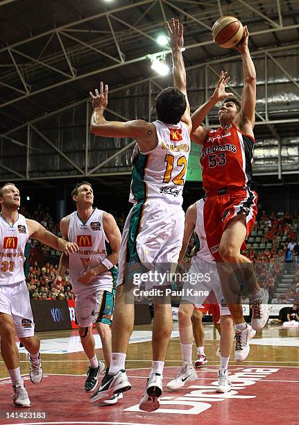 Damian Martin of the Wildcats lays up against Todd Blanchfield of the Crocodiles during the round 24 NBL match between the Perth Wildcats and the...