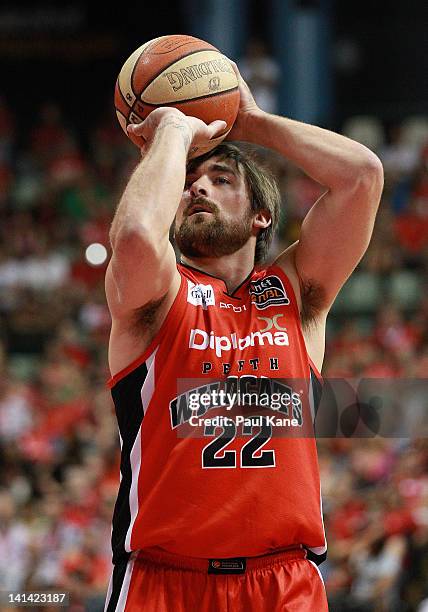 Brad Robbins of the Wildcats shoots a free throw during the round 24 NBL match between the Perth Wildcats and the Townsville Crocodiles at Challenge...