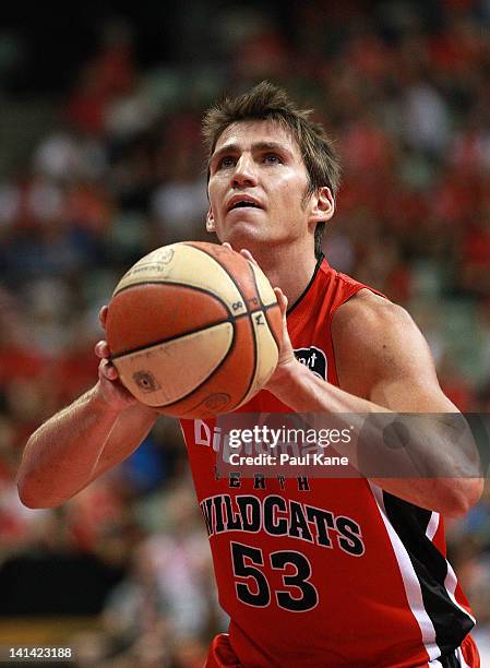 Damian Martin of the Wildcats shoots a free throw during the round 24 NBL match between the Perth Wildcats and the Townsville Crocodiles at Challenge...