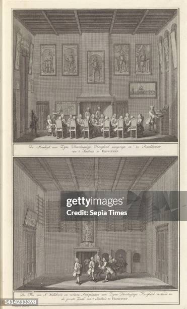 Two representations of the meal and the viewing of antiquities in the town hall of Flushing De Maaltyd voor Zyne Doorlugtige Hoogheid aangeregt in de...