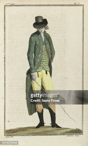 Cabinet des Modes ou les Modes Nouvelles, 1 Juillet 1786, pl. I, Man in riding costume. According to the accompanying text, the man, who is about to...