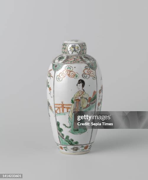 Ovoid covered jar with women and flower pots, Ovoid covered jar of porcelain, painted on the glaze in blue, red, green, yellow, eggplant and black....