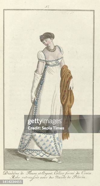 Elegantia, or magazine of fashion, luxury and taste for ladies, February 1808, No. 37: Diadême de Fleurs et Argent,..., According to the accompanying...