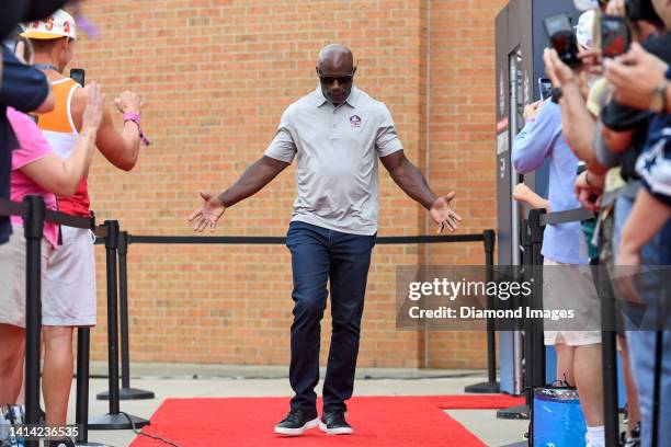 Hall of Fame running back Terrell Davis is introduced prior to the Pro Football Hall of Fame Enshrinement on August 06, 2022 in Canton, Ohio.