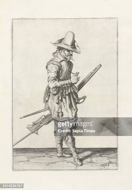 Soldier with a musket opening a powder measure , c. 1600, A soldier, full-length, to the right, holding a musket with his left hand near his left...