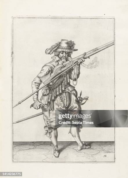 Soldier blowing sparks away from the pan of his musket , c. 1600, A soldier, full-length, to the right, holding a musket near his mouth and blowing...