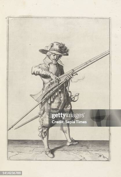 Soldier disconnecting his fuse from the cock of his musket , c. 1600, A soldier, full-length, to the right, holding a musket and a furket with his...