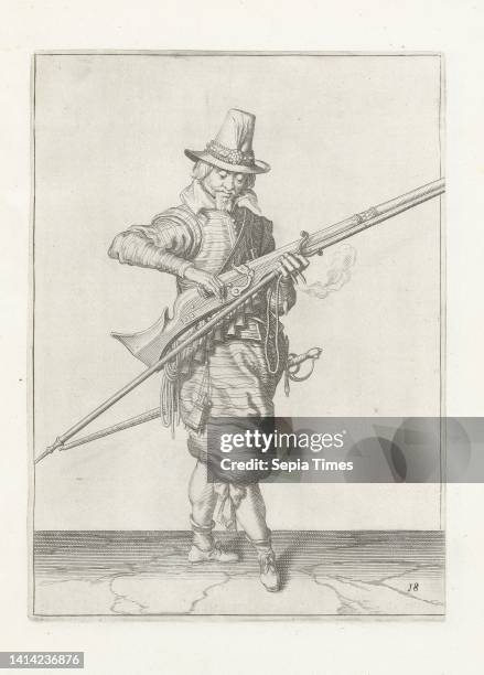 Soldier closing the pan of his musket , c. 1600, A soldier, full-length, to the right, closing the pan of his musket with his right hand , c. 1600....