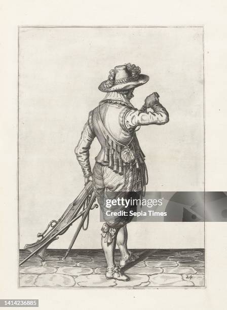 Soldier pouring gunpowder into the barrel of his musket , c. 1600, A soldier, full-length, to the right, viewed from behind, holding a musket with...