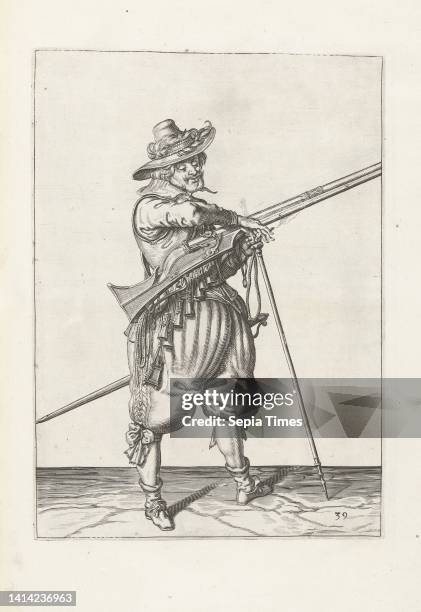 Soldier on guard with a musket picking up its fuse , c. 1600, A soldier on guard, full-length, to the right, holding a musket with his left hand by...