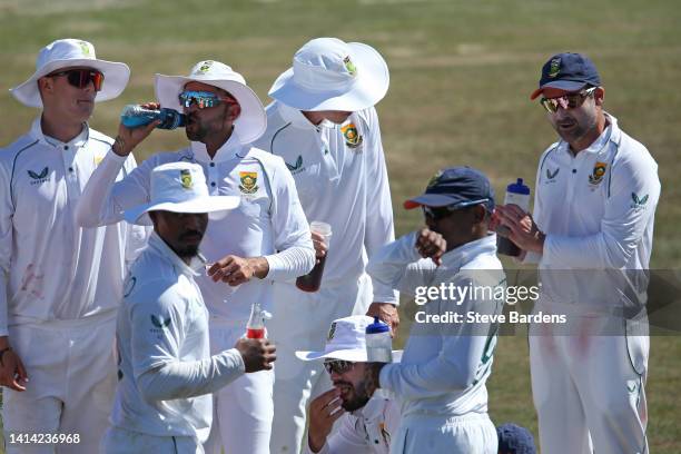The South Africa players take a drinks break during day three of the tour match between England Lions and South Africa at The Spitfire Ground on...