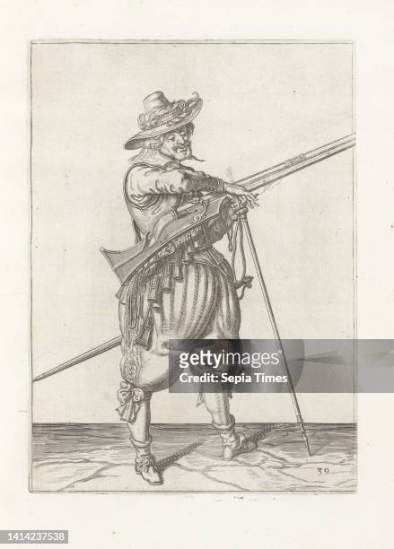 Soldier on guard with a musket grabbing its fuse , c. 1600, A soldier on guard, full-length, to the right, holding a musket with his left hand by the...