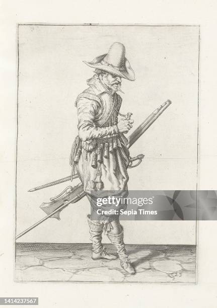 Soldier with a musket opening a measure of powder , c. 1600, A soldier, full-length, to the right, holding a musket with his left hand near his left...