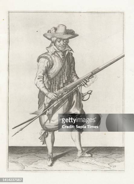 Soldier shaking gunpowder from his musket , c. 1600, A soldier, full-length, to the right, shaking a musket with both hands, to get rid of any...