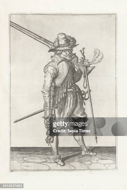 Soldier carrying his musket on his left shoulder and holding his furket in his left hand , c. 1600, A soldier, full-length, to the right, holding a...