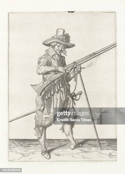 Soldier on guard pressing his fuse on the cock of his musket , c. 1600, A soldier on guard, full-length, to the right, holding a musket with his left...