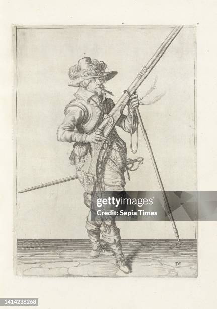 Soldier on guard holding his musket with his right hand angled upward, while placing the barrel on his furket with his left hand , c. 1600, A soldier...