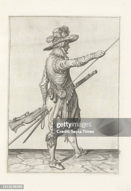 Soldier with a musket sliding his right hand to the end of his ramrod , c. 1600, A soldier, full-length, to the right, holding a musket with his left...
