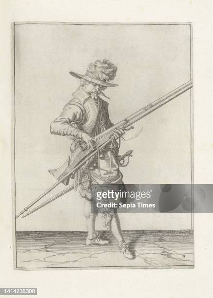 Soldier giving the fuse on the cock of his musket its proper place and shape , c. 1600, A soldier, full-length, to the right, holding a musket with...