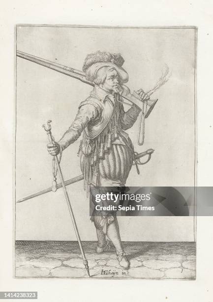 Soldier carrying his musket on his left shoulder and holding his furket in his right hand , c. 1600, A soldier, full-length, to the right, holding a...