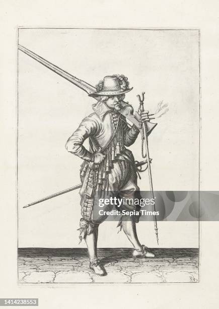 Soldier carrying his musket on his shoulder , c. 1600, A soldier, full-length, to the right, holding a musket resting on his left shoulder , c. 1600....