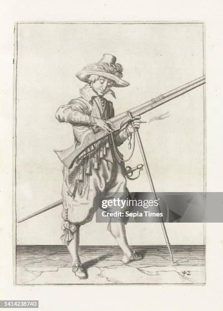 Soldier on guard giving the fuse on the cock of his musket its proper place and shape , c. 1600, A soldier on guard, full-length, to the right,...