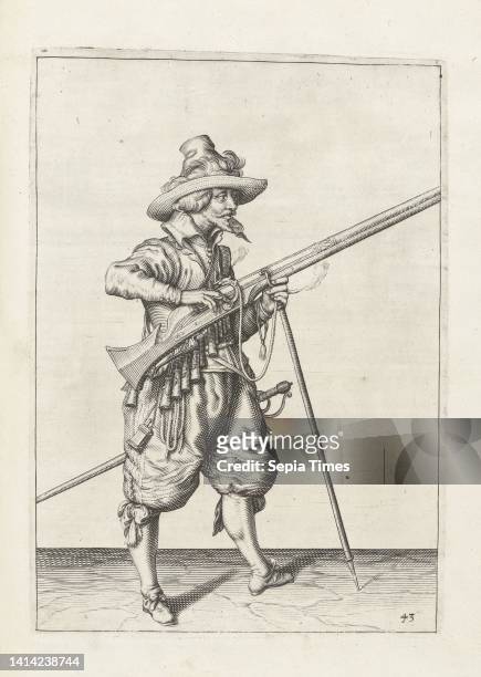 Soldier on guard covering the pan of his musket with two fingers against sparks , c. 1600, A soldier on guard, full-length, to the right, holding a...