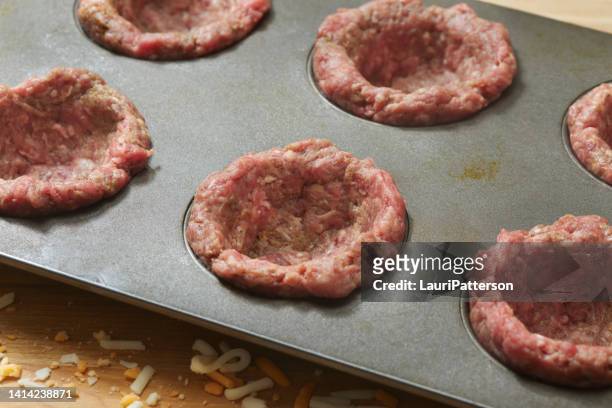 preparing bacon cheeseburger bowls - raw bacon stock pictures, royalty-free photos & images