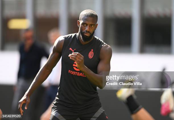 Tiémoué Bakayoko of AC Milan in action during AC Milan training session at Stadio Giuseppe Meazza on August 11, 2022 in Milan, Italy.
